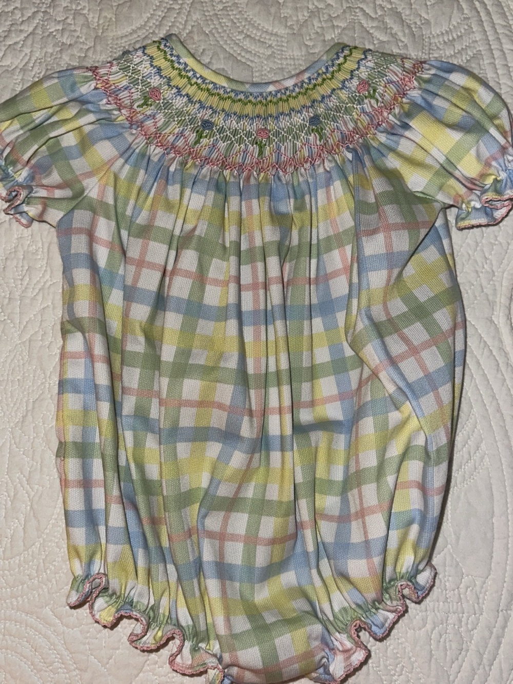 Smocked Plaid One-Piece Romper in Pastel Multi